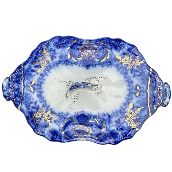 RARE Wood & Sons Antique Flow Blue "Lakewood" Footed Covered Dish 1891-1907 - Picture 3 of 13